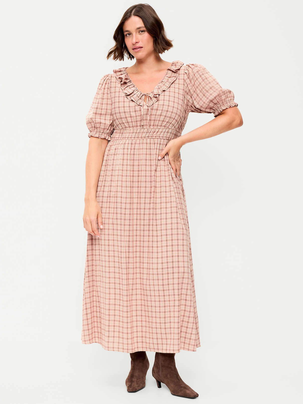 Ruffle-Collar Boho Maxi Dress - Pink Plaid