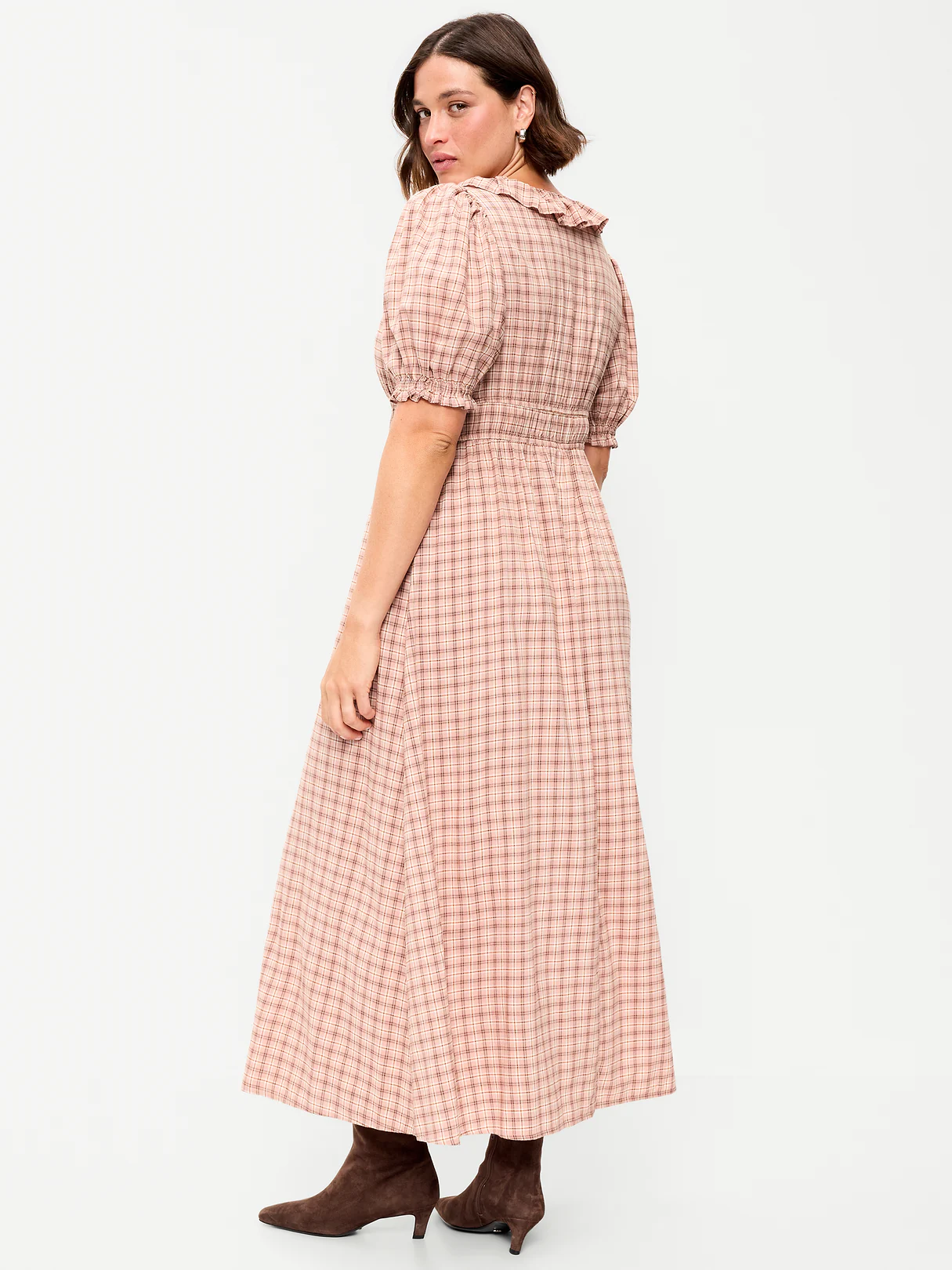 Ruffle-Collar Boho Maxi Dress - Pink Plaid