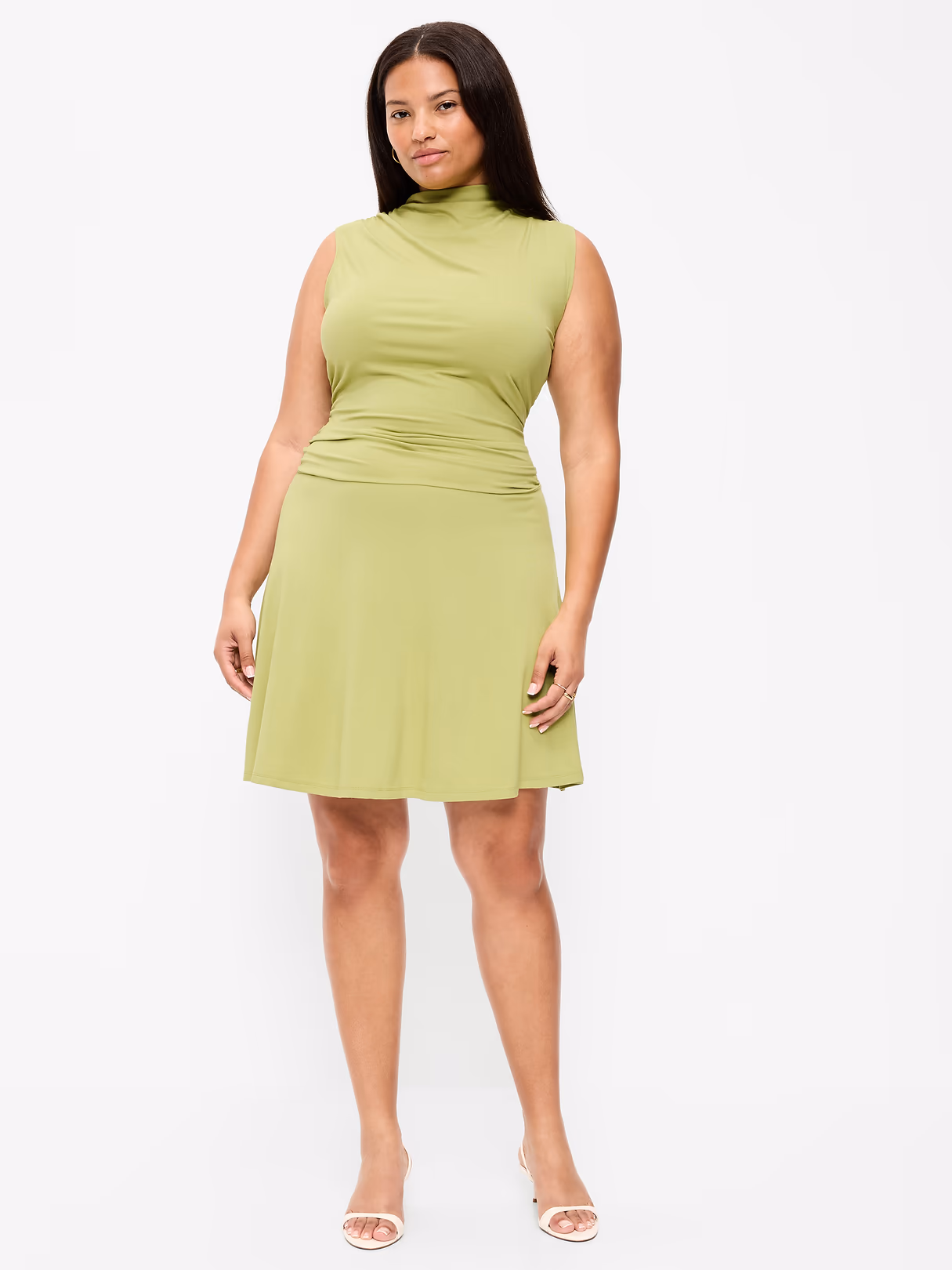 Gathered Mock-Neck Drop-Waist Mini Dress - Wasabi