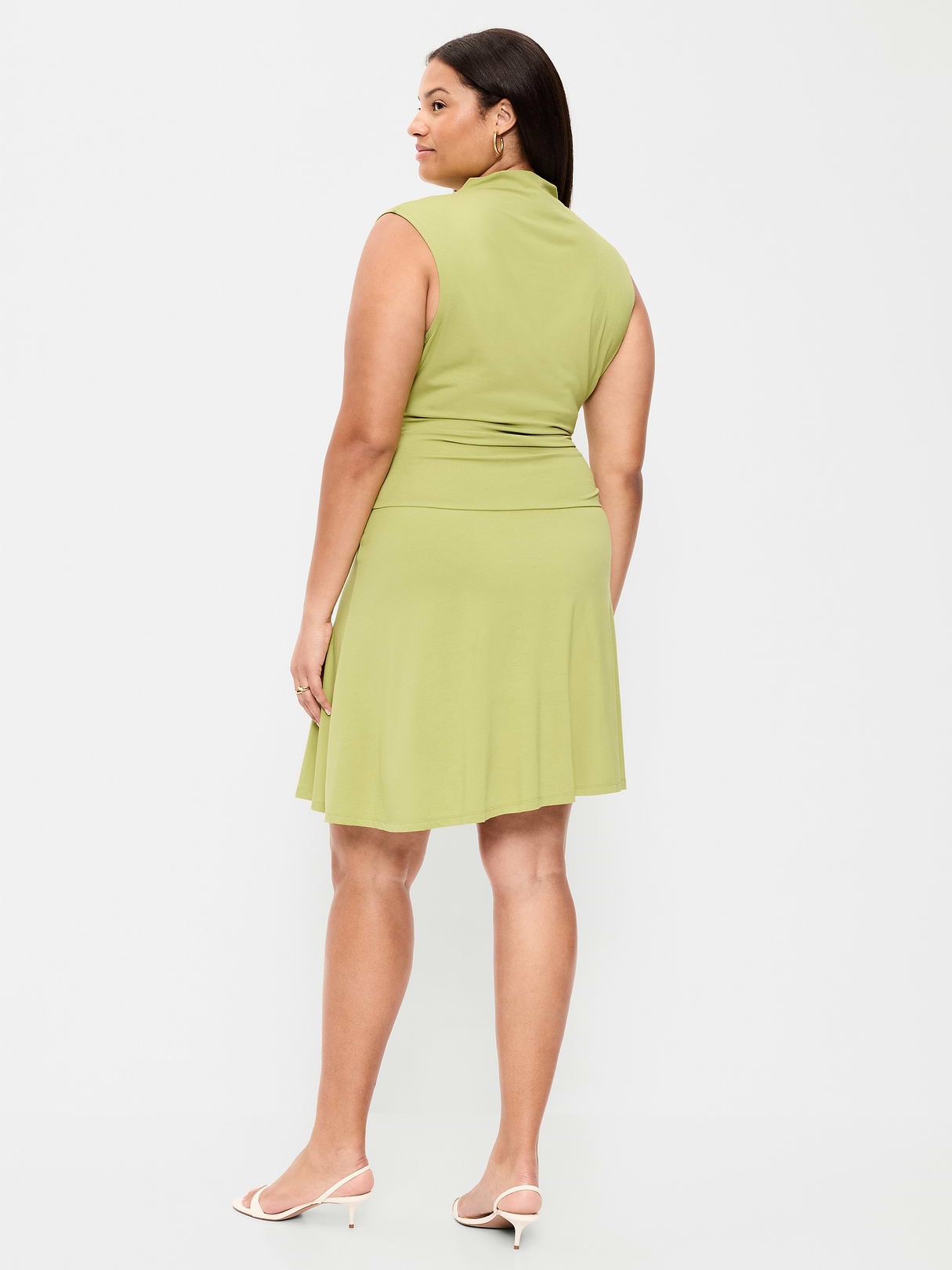 Gathered Mock-Neck Drop-Waist Mini Dress - Wasabi