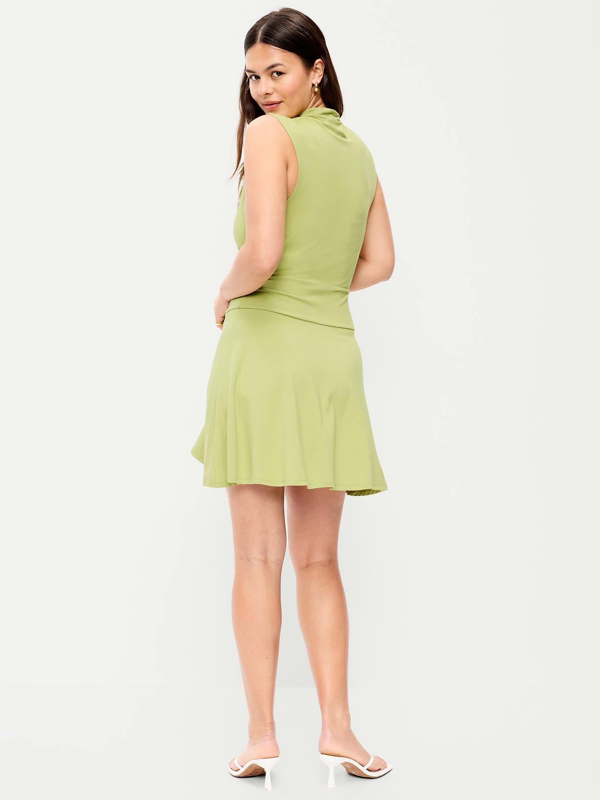 Gathered Mock-Neck Drop-Waist Mini Dress - Wasabi