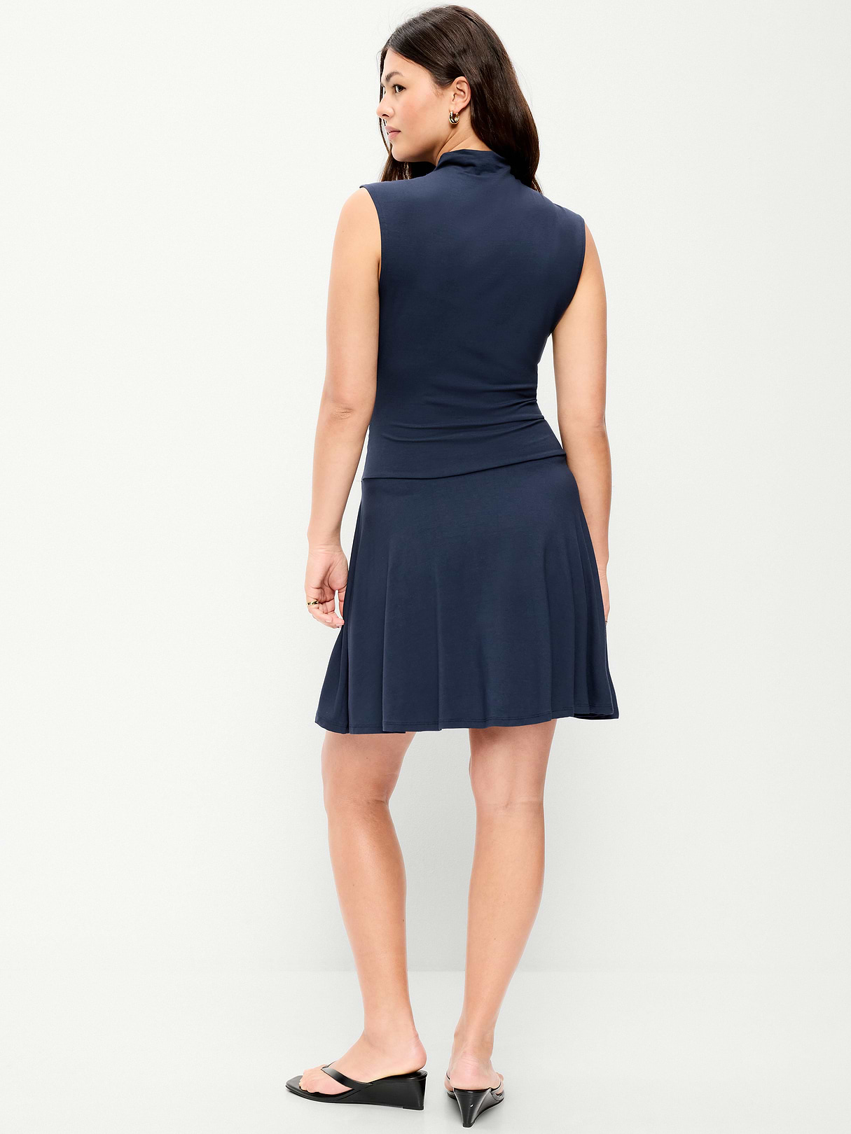 Gathered Mock-Neck Drop-Waist Mini Dress - Arctic Depth