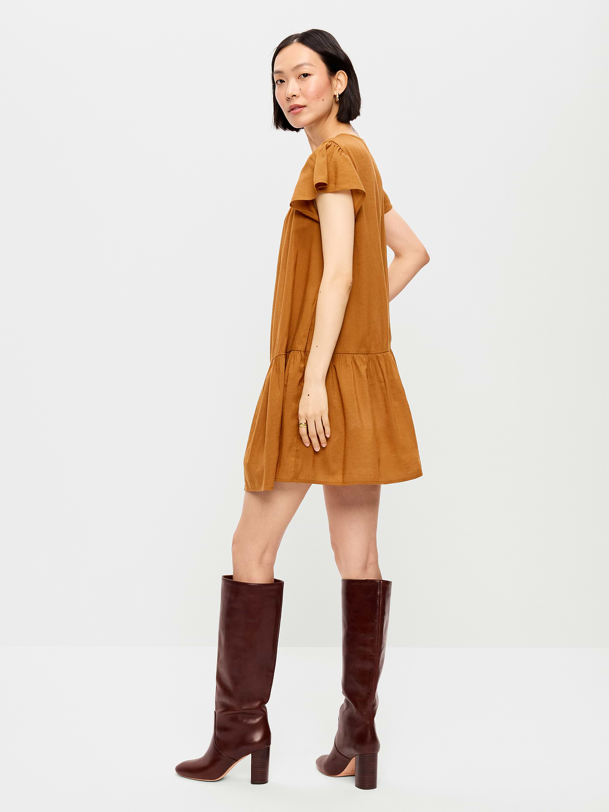 Flutter-Sleeve Mini Swing Dress - Redwood Burl
