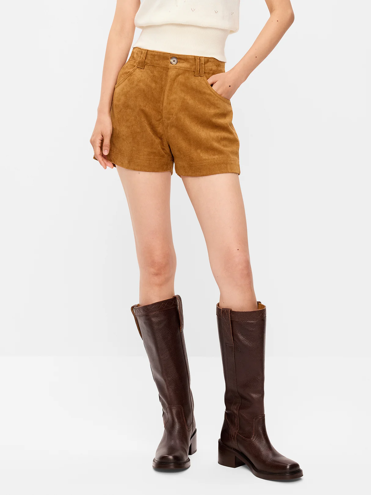 High-Waisted Faux-Suede Shorts - Warm Coffee