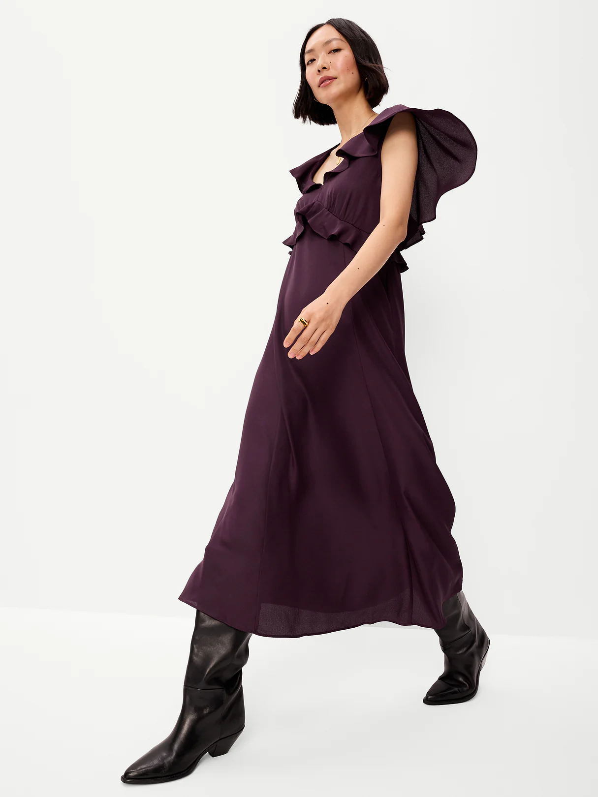 Flutter-Sleeve Crepe Maxi Dress - Veil of Night