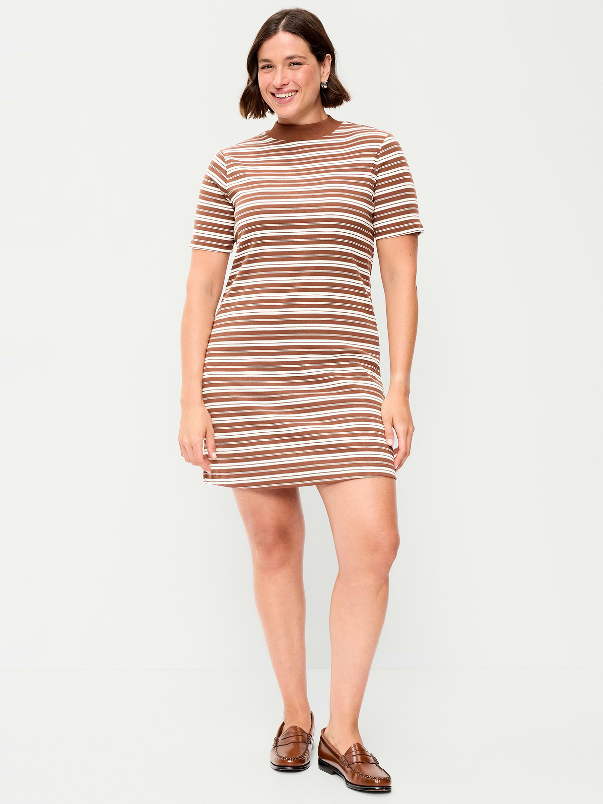 Snug Mock-Neck Bodycon Mini Dress - Earth Brown Stripe