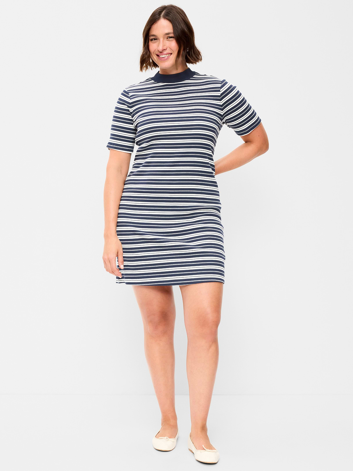 Snug Mock-Neck Bodycon Mini Dress - Navy Stripe