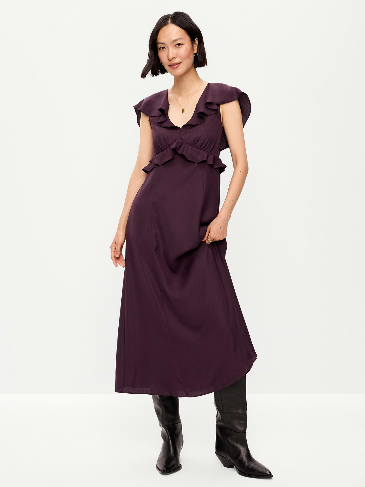 Flutter-Sleeve Crepe Maxi Dress - Veil of Night