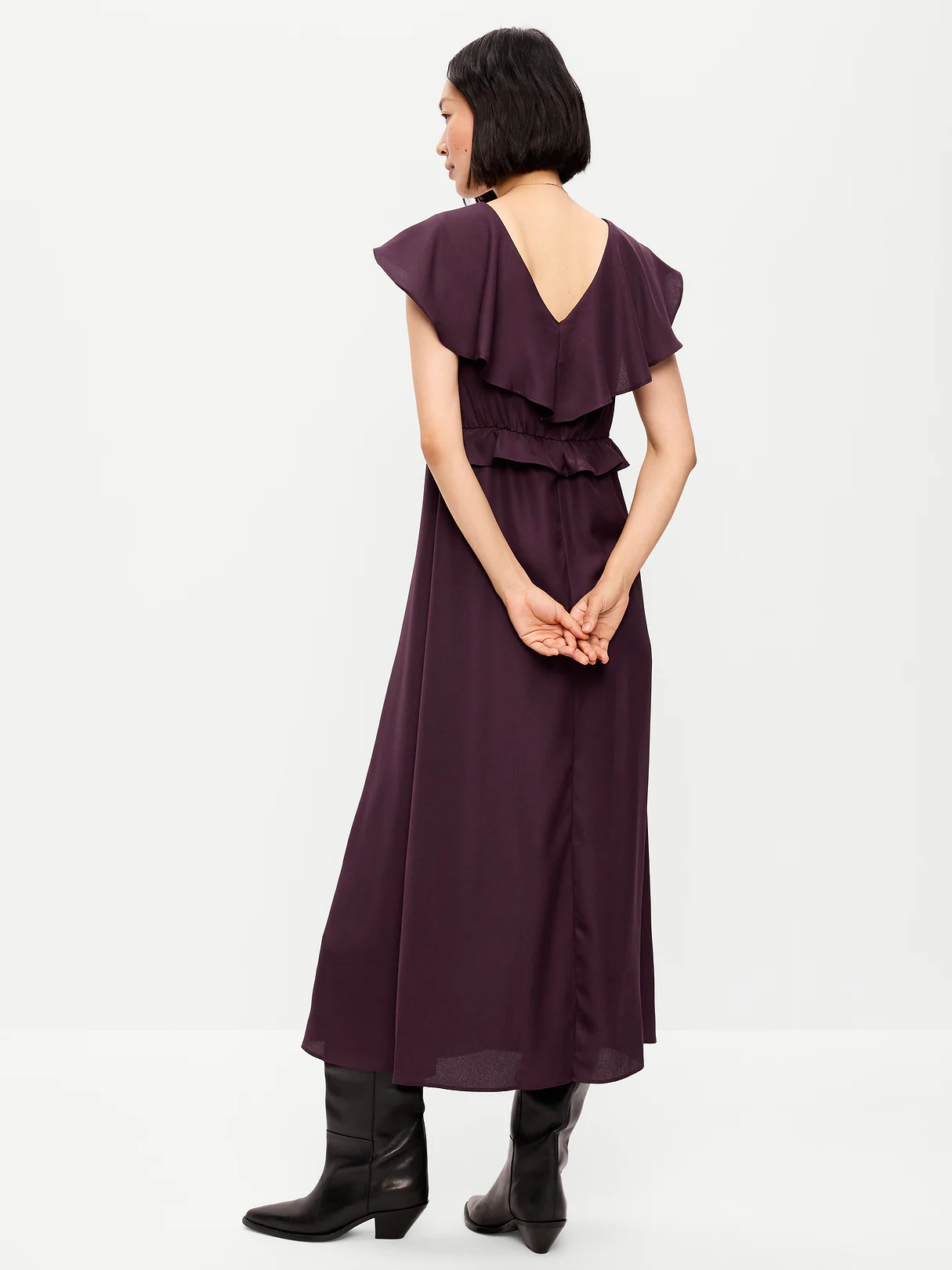 Flutter-Sleeve Crepe Maxi Dress - Veil of Night