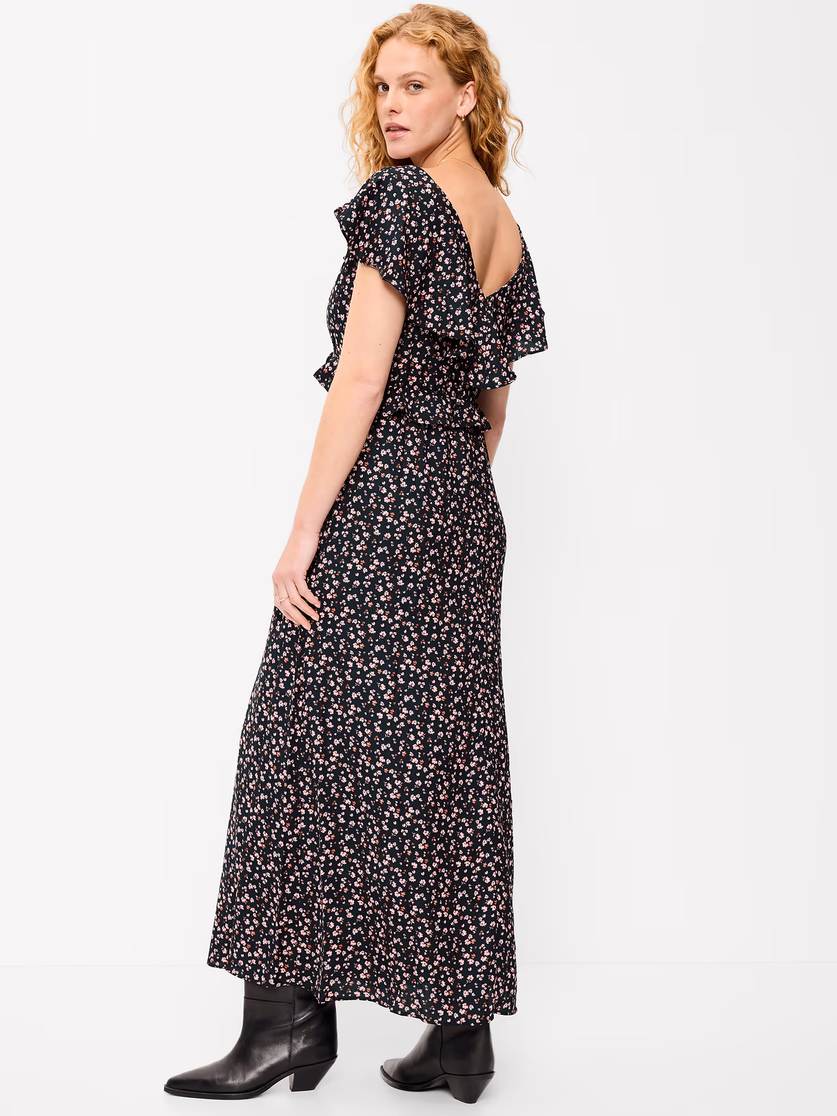 Flutter-Sleeve Crepe Maxi Dress - Black Ditsy Floral