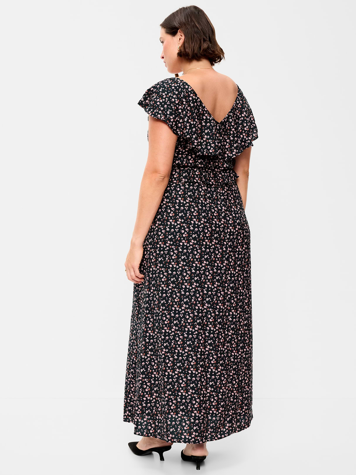 Flutter-Sleeve Crepe Maxi Dress - Black Ditsy Floral