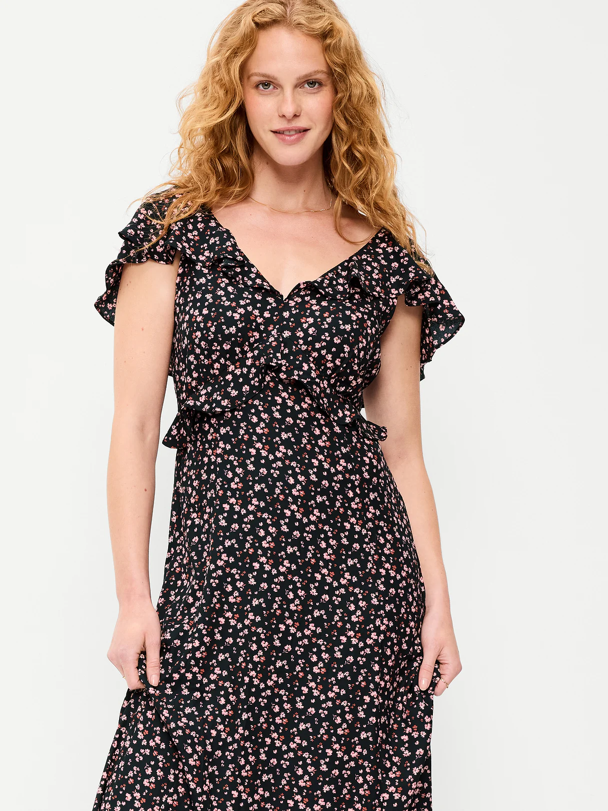 Flutter-Sleeve Crepe Maxi Dress - Black Ditsy Floral