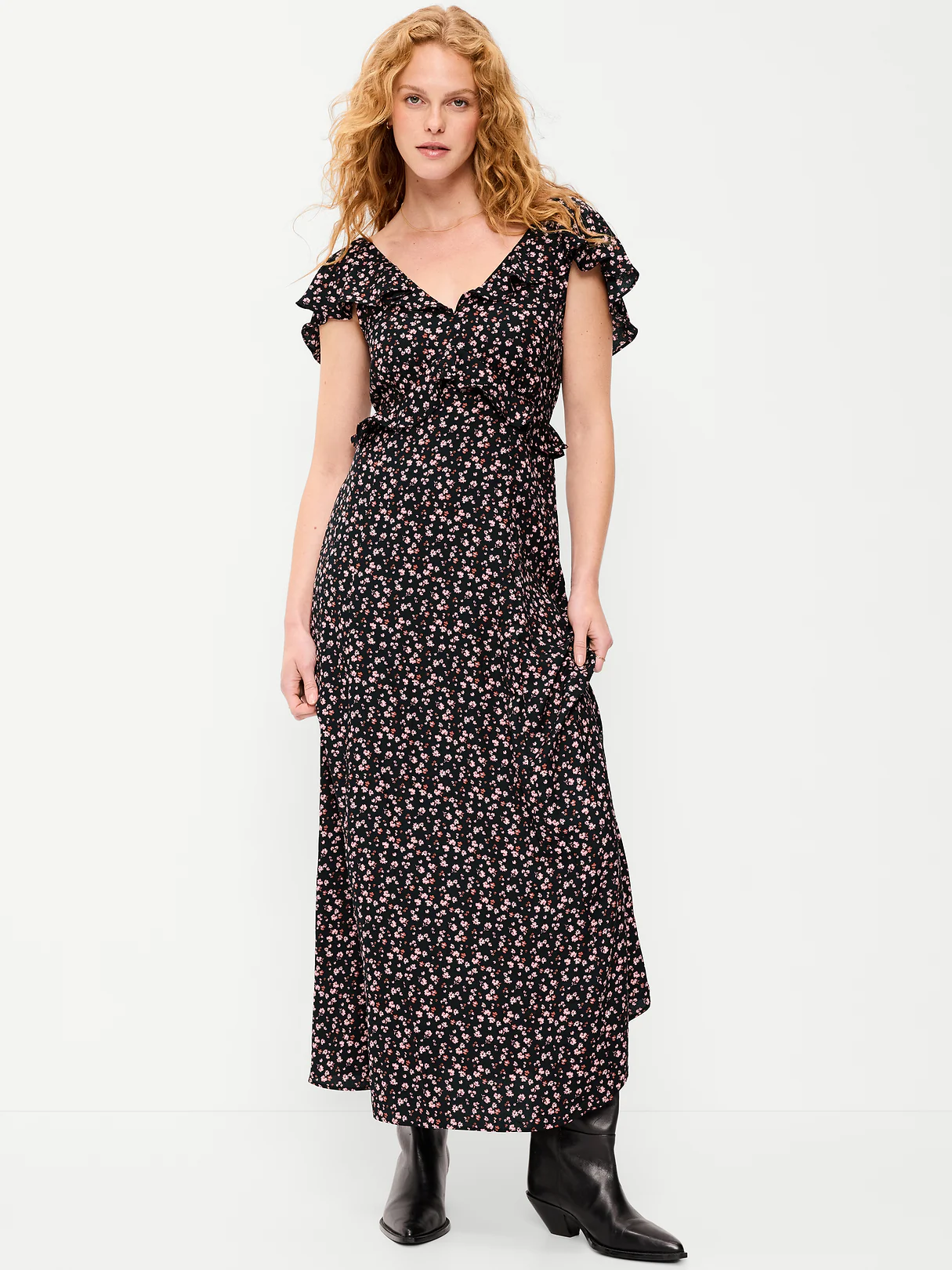 Flutter-Sleeve Crepe Maxi Dress - Black Ditsy Floral