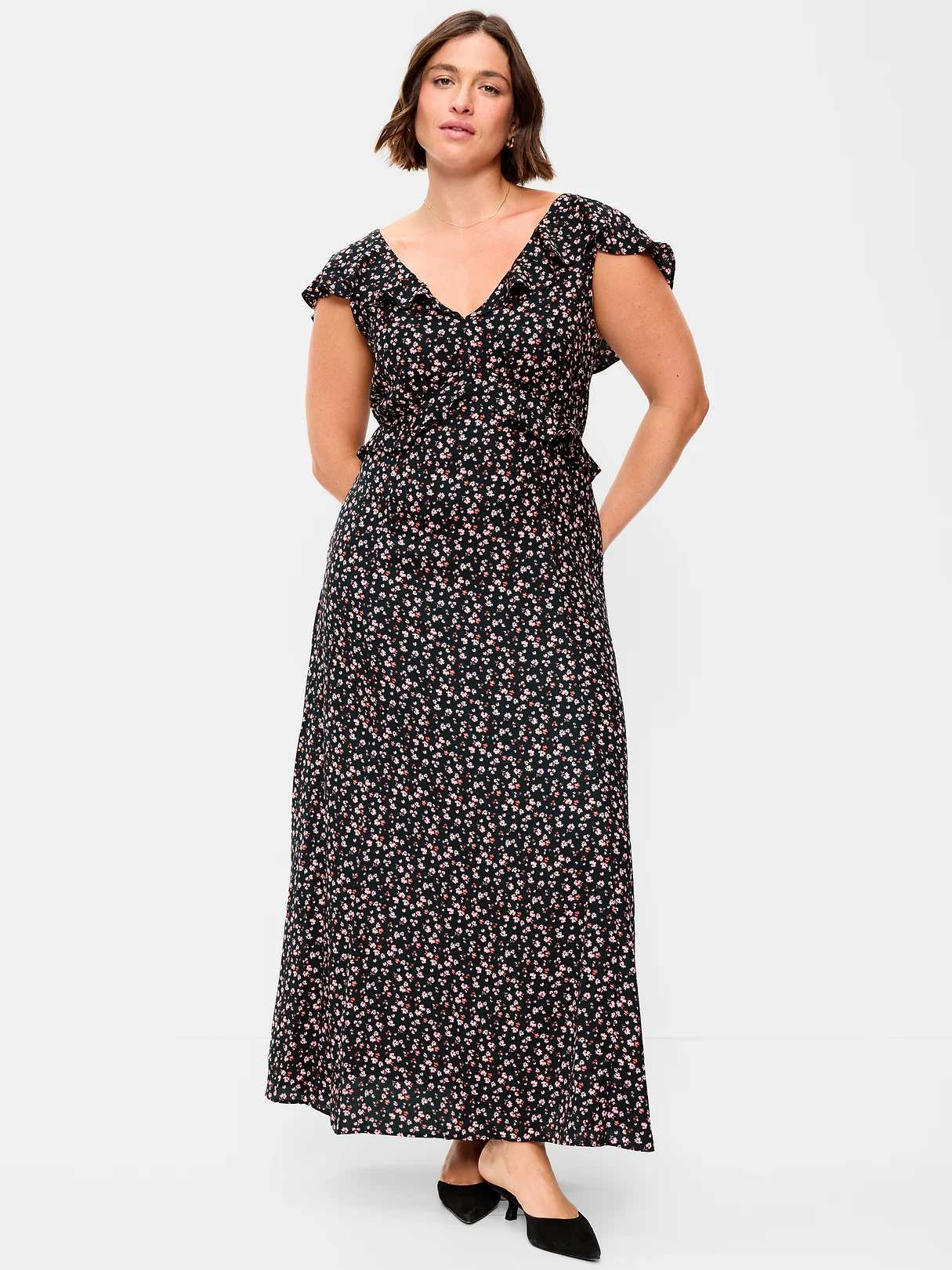 Flutter-Sleeve Crepe Maxi Dress - Black Ditsy Floral