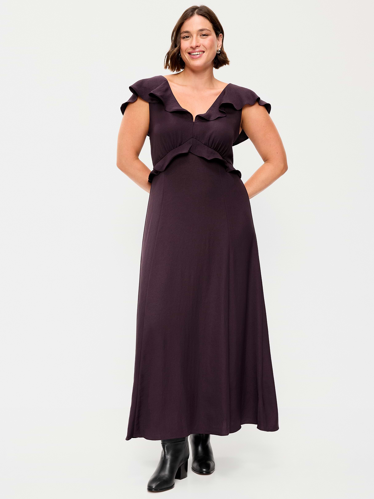 Flutter-Sleeve Crepe Maxi Dress - Veil of Night