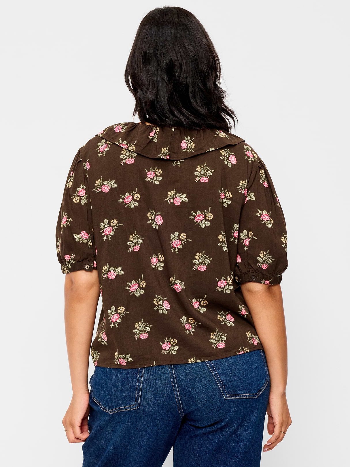 Ruffle Collar Tie-Front Top - Brown Floral