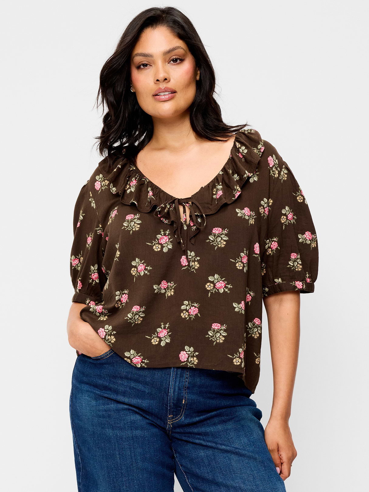 Ruffle Collar Tie-Front Top - Brown Floral