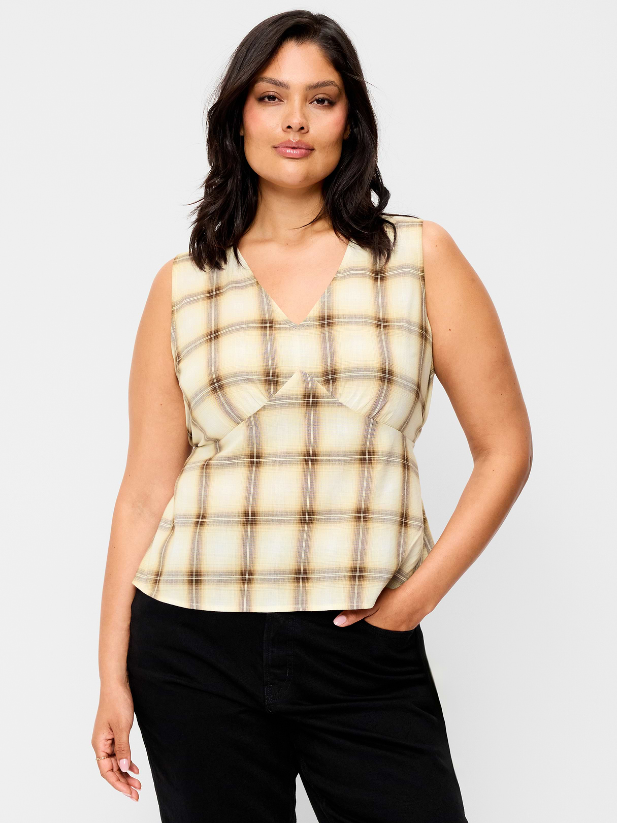 Sleeveless V-Neck Tie-Back Top - Brown Plaid
