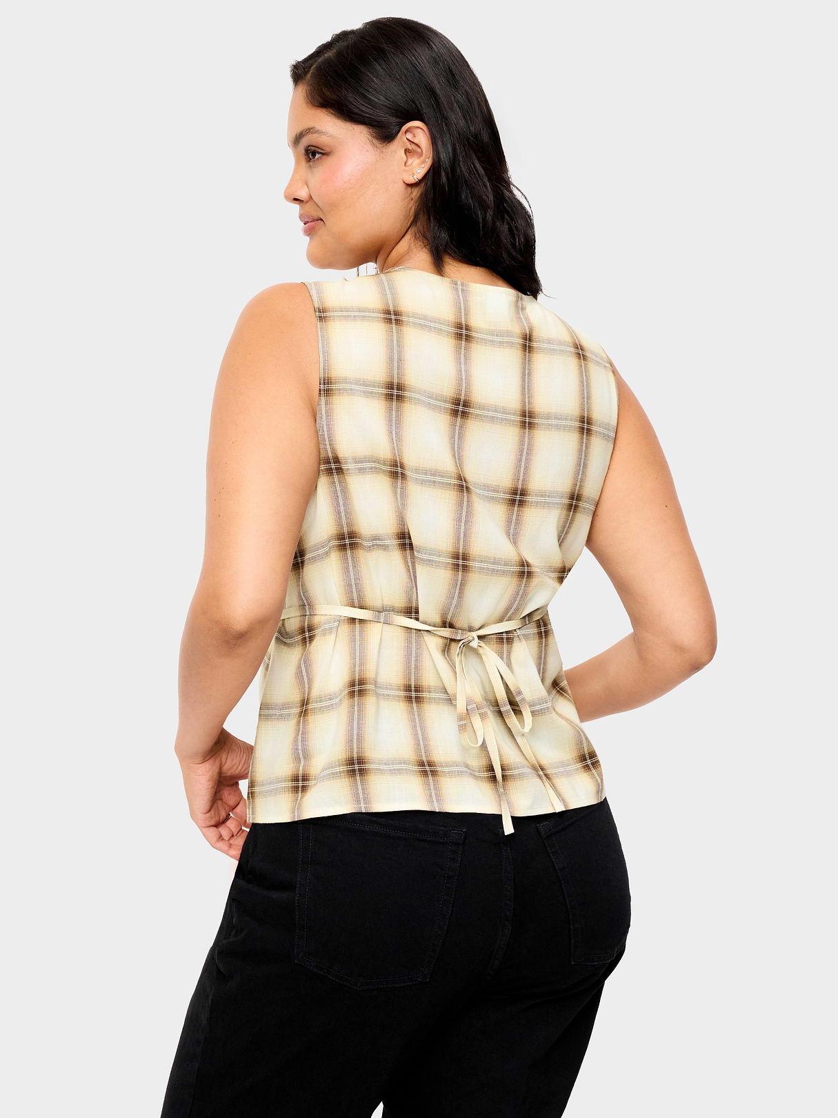Sleeveless V-Neck Tie-Back Top - Brown Plaid