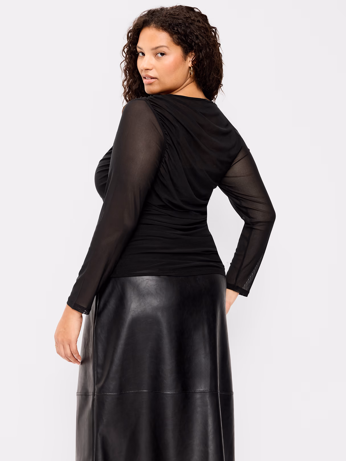 Long-Sleeve Asymmetrical Unlined Mesh Top - Black Jack