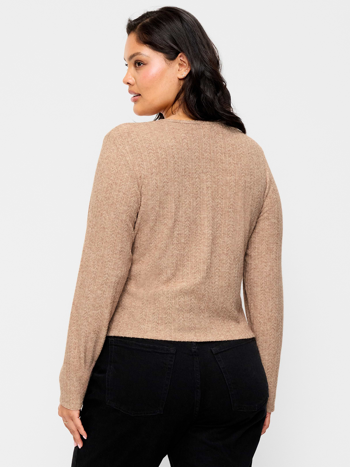 Long-Sleeve Button-Front Cutout Pointelle Top - Oatmeal Heather