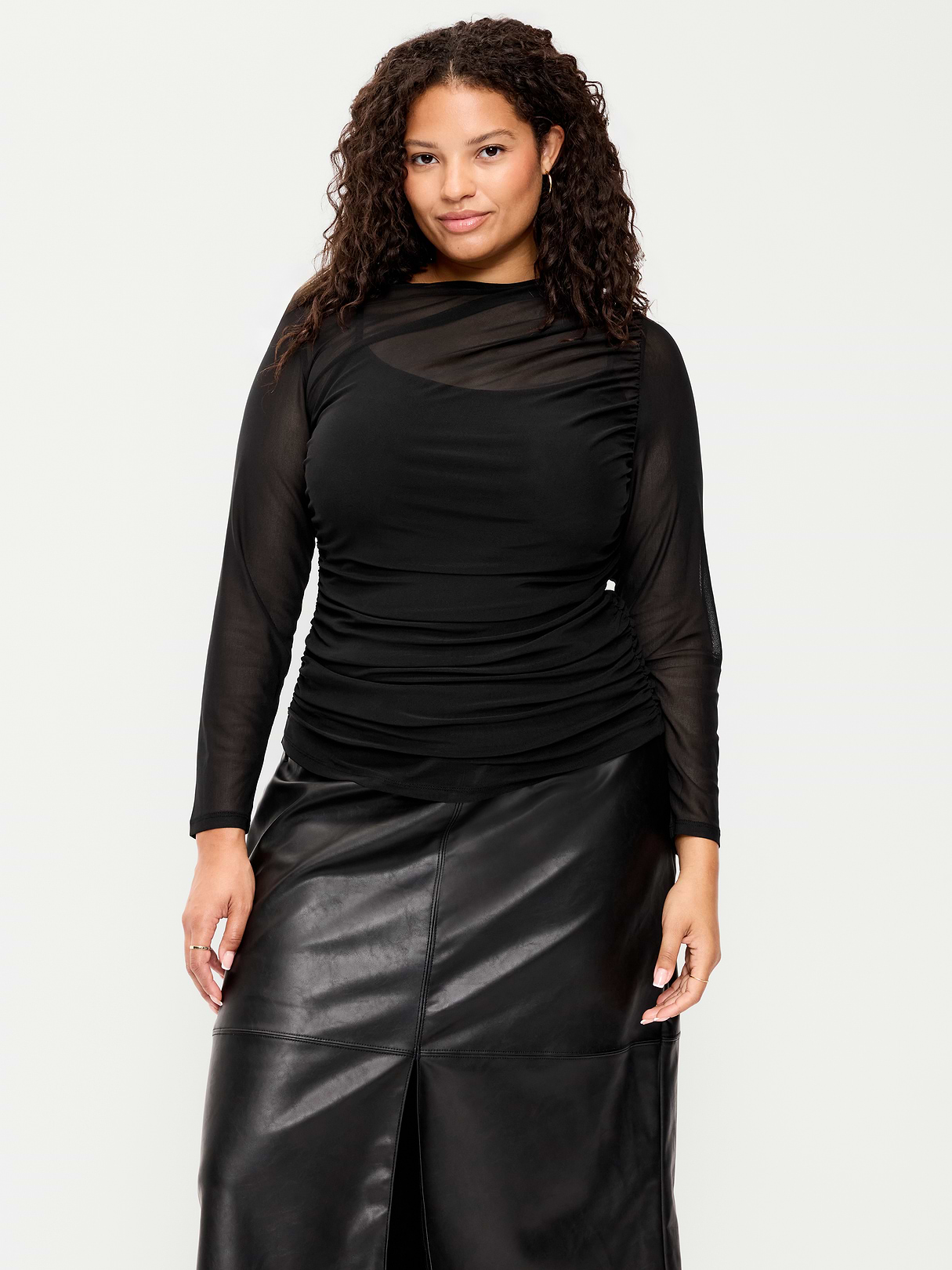 Long-Sleeve Asymmetrical Unlined Mesh Top - Black Jack