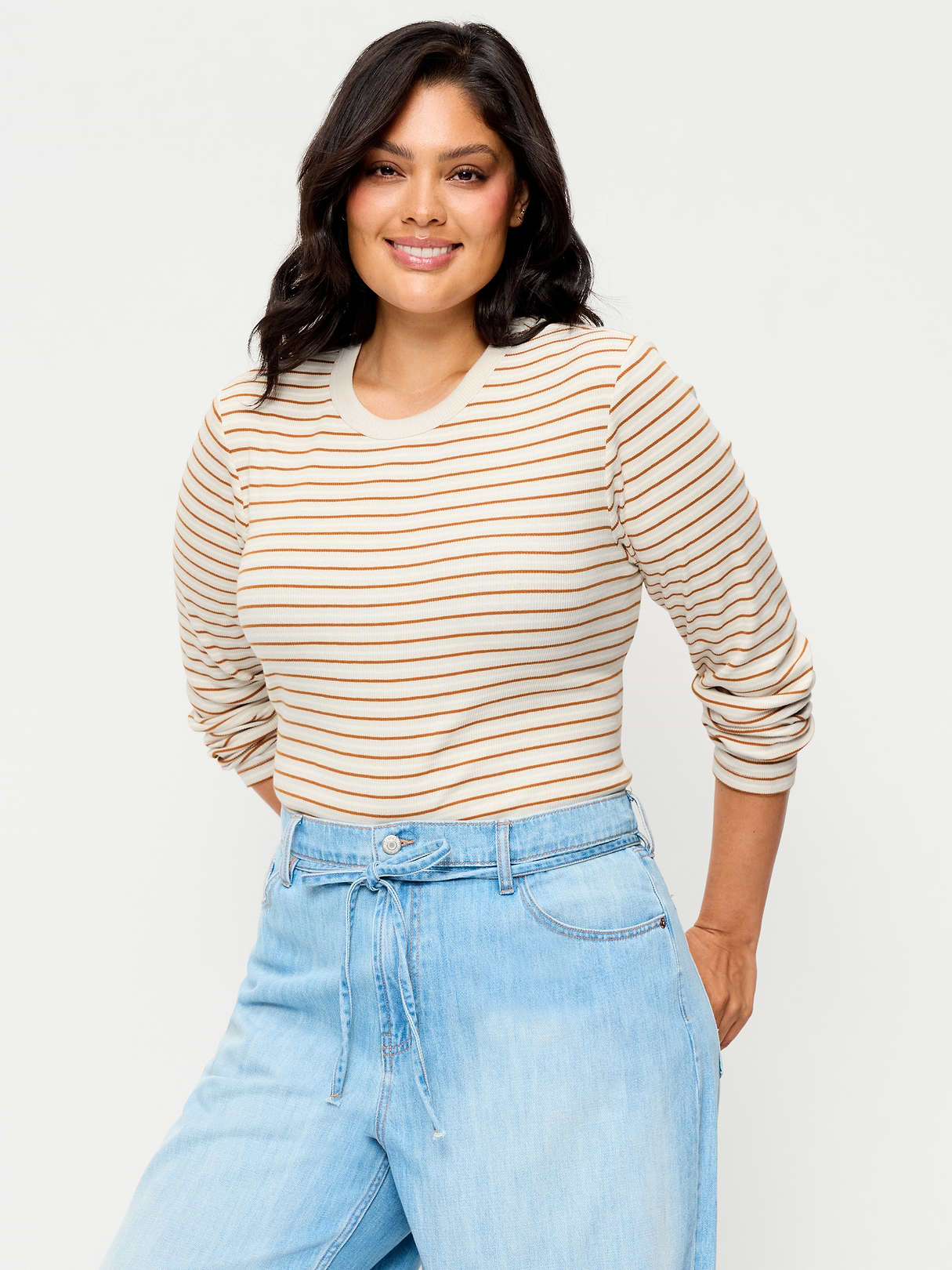 Snug Long-Sleeve Striped Ribbed T-Shirt - Orange Multi Stripe