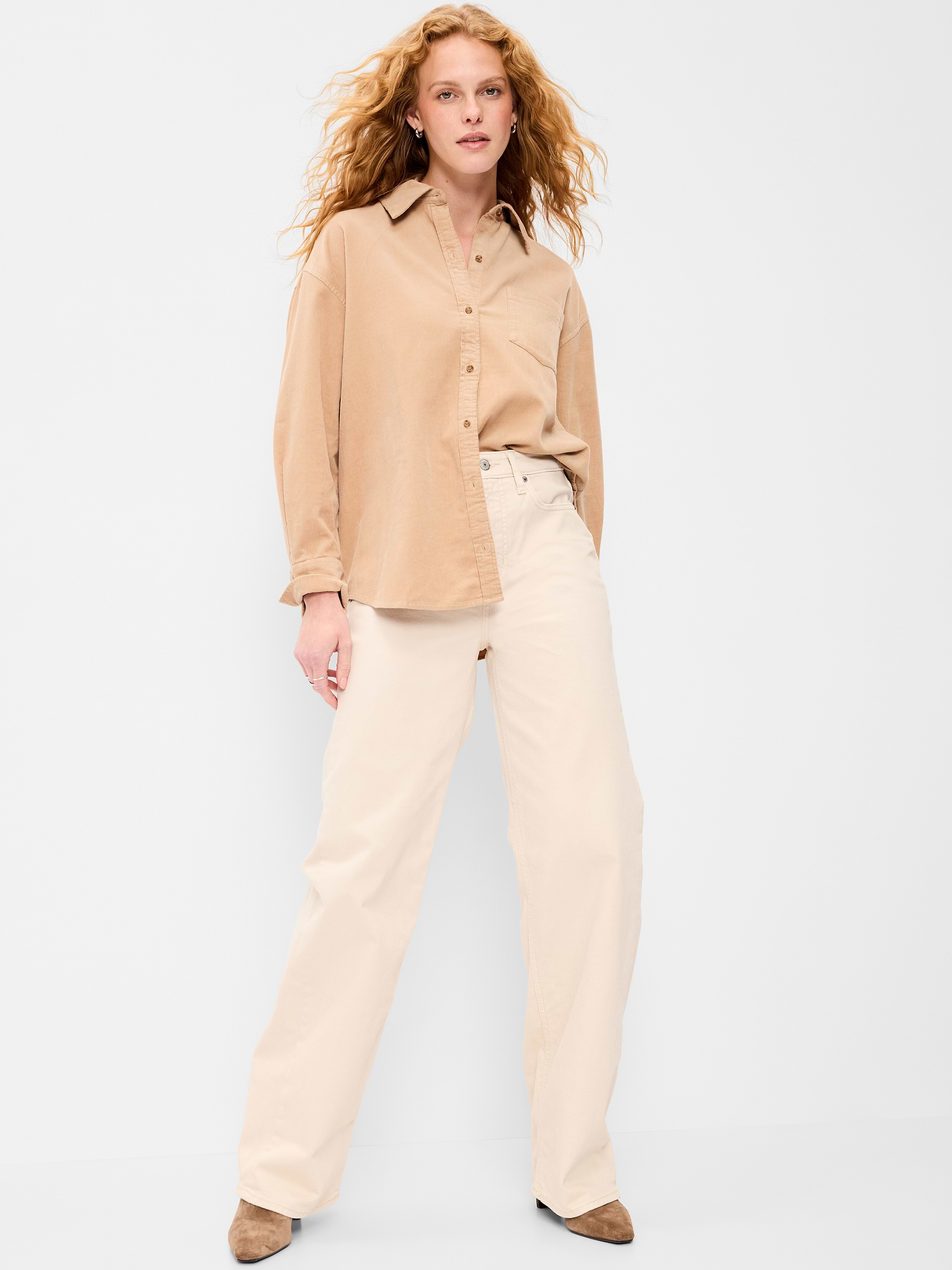 Oversized Boyfriend Button-Down Corduroy Shirt - Dried Linen
