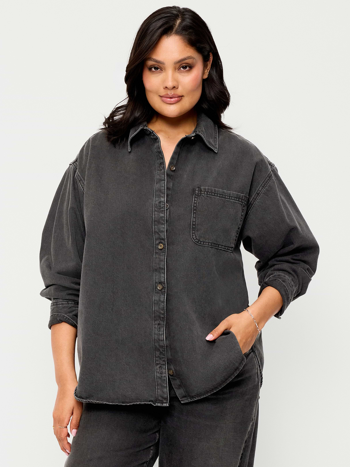 Oversized Boyfriend Button-Down Jean Shirt - Black Wash