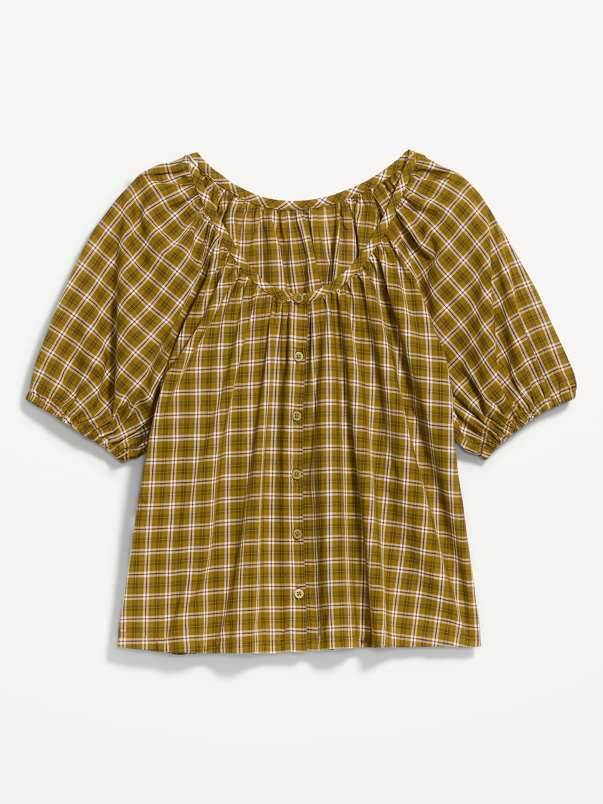 Airy Button-Down Top - Green Plaid