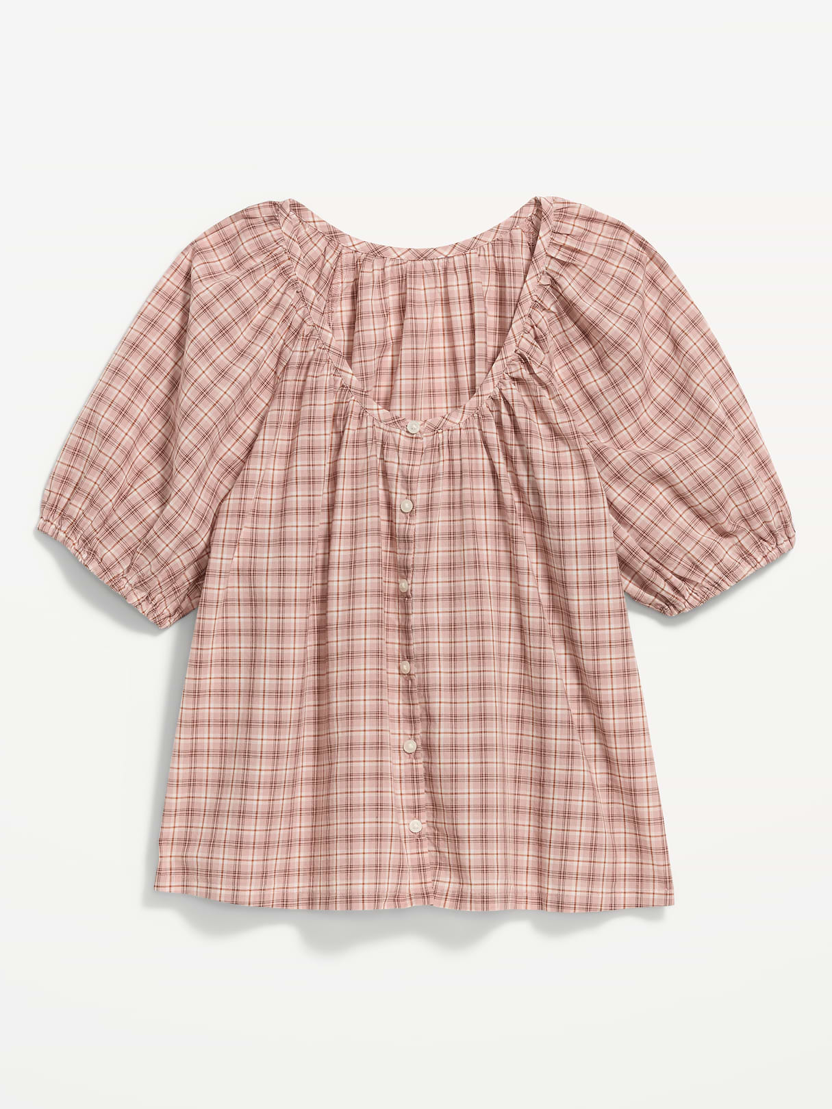 Airy Button-Down Top - Pink Plaid