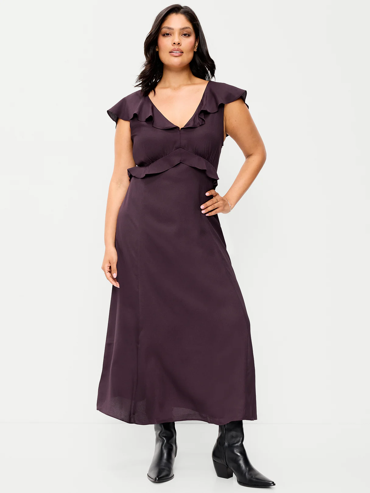 Flutter-Sleeve Crepe Maxi Dress - Veil of Night