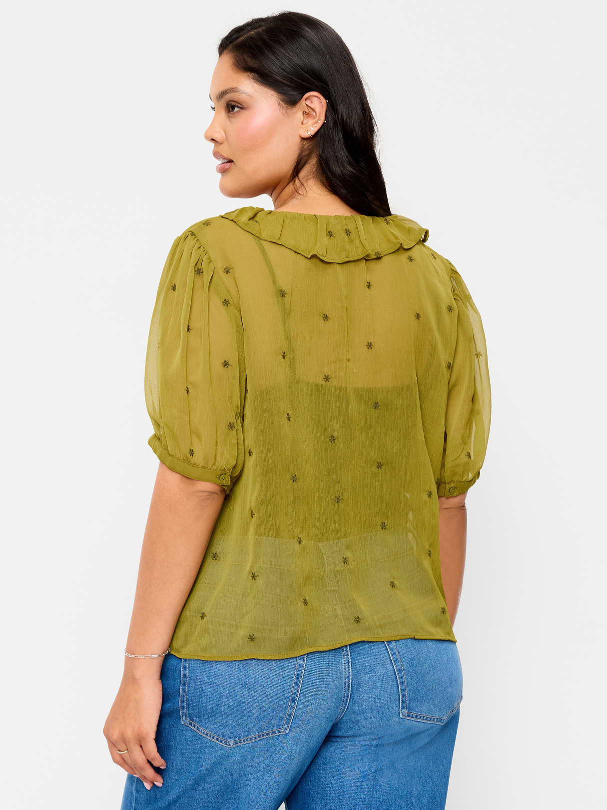 Ruffle Collar Tie-Front Top - Mysterious Fern