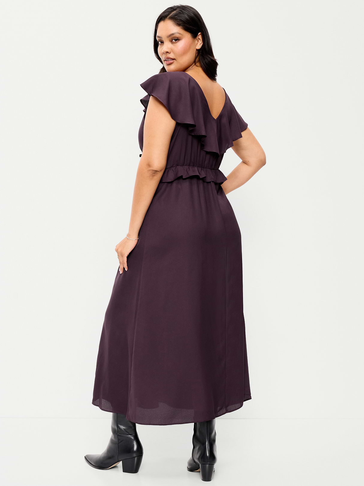 Flutter-Sleeve Crepe Maxi Dress - Veil of Night