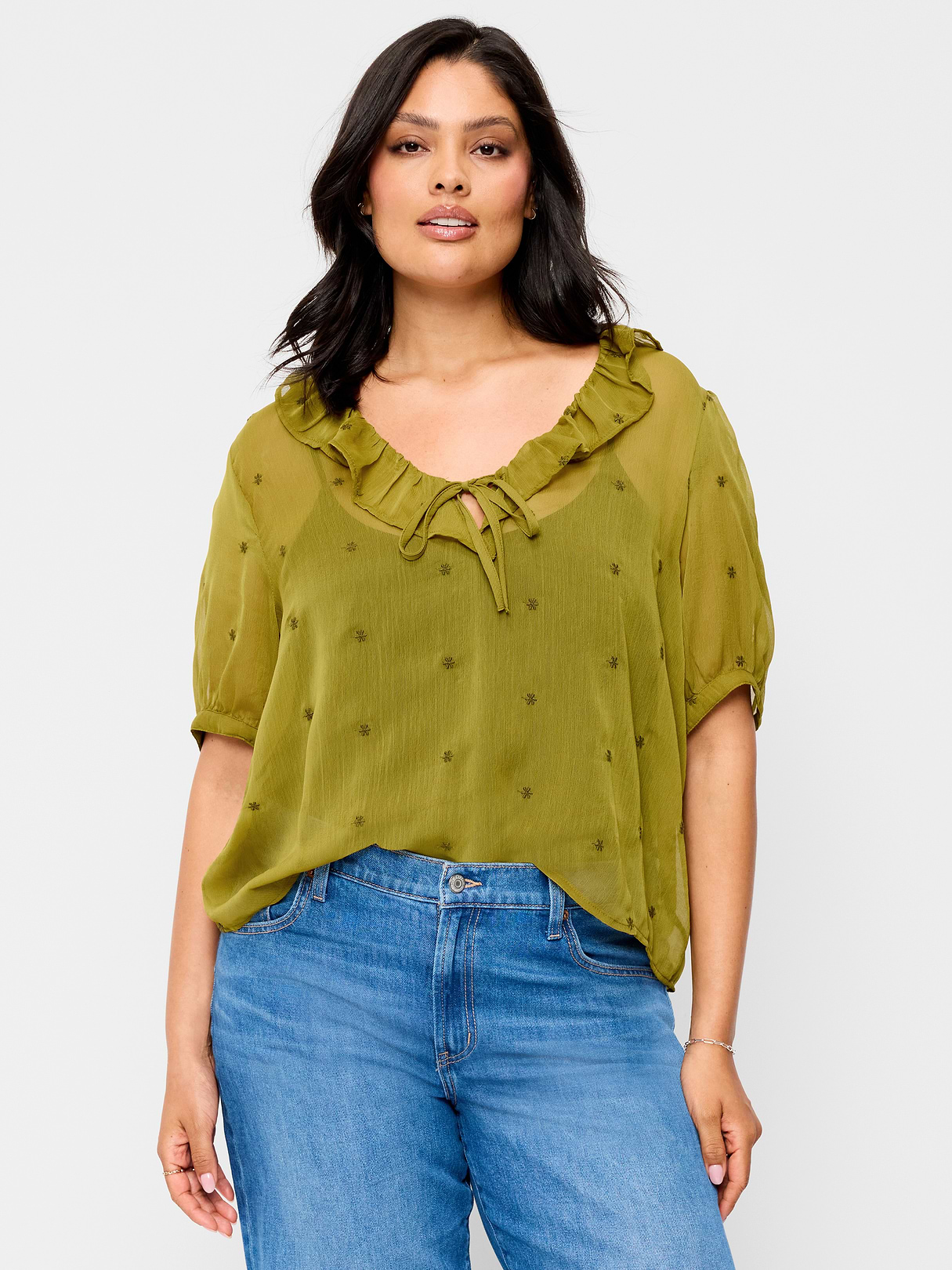 Ruffle Collar Tie-Front Top - Mysterious Fern