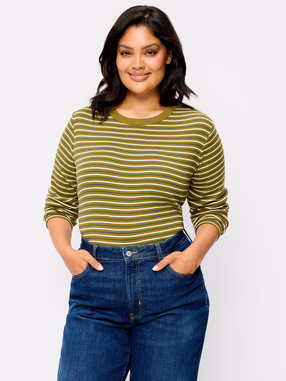 Snug Long-Sleeve Striped Ribbed T-Shirt - Green Multi-Stripe