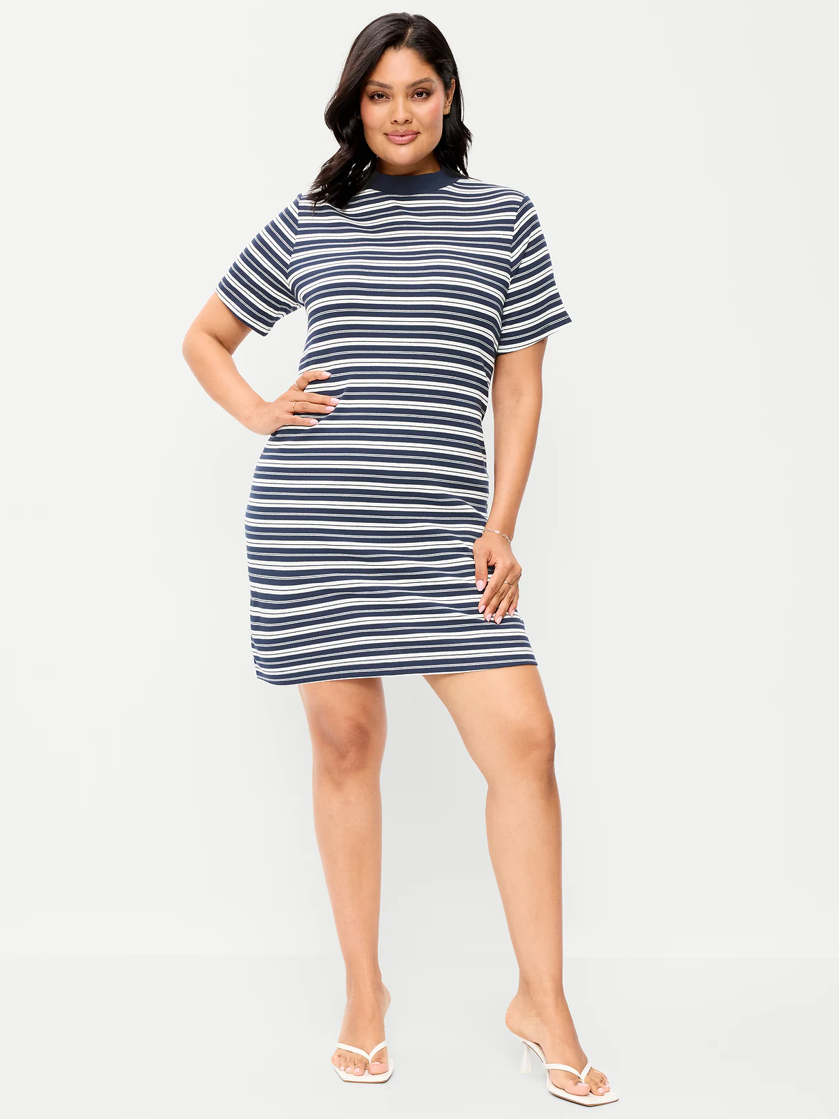 Snug Mock-Neck Bodycon Mini Dress - Navy Stripe
