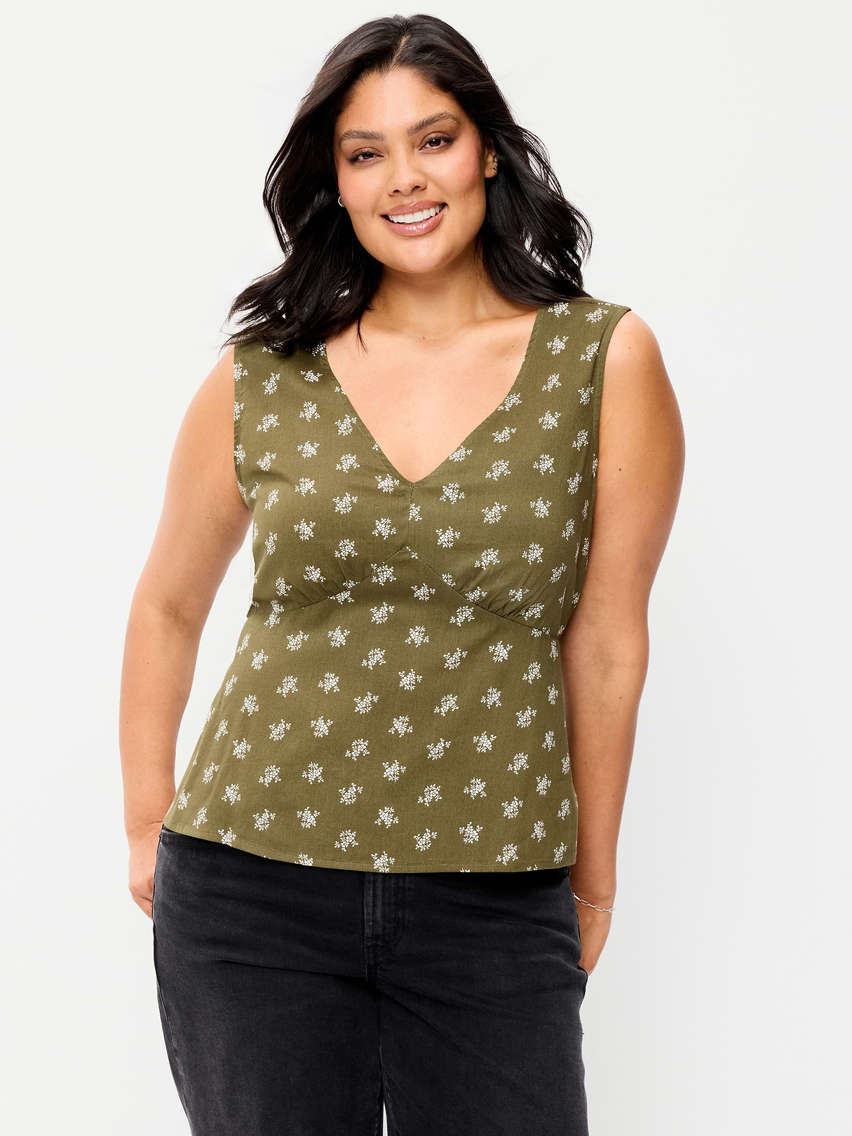 Sleeveless V-Neck Tie-Back Top - Green Floral