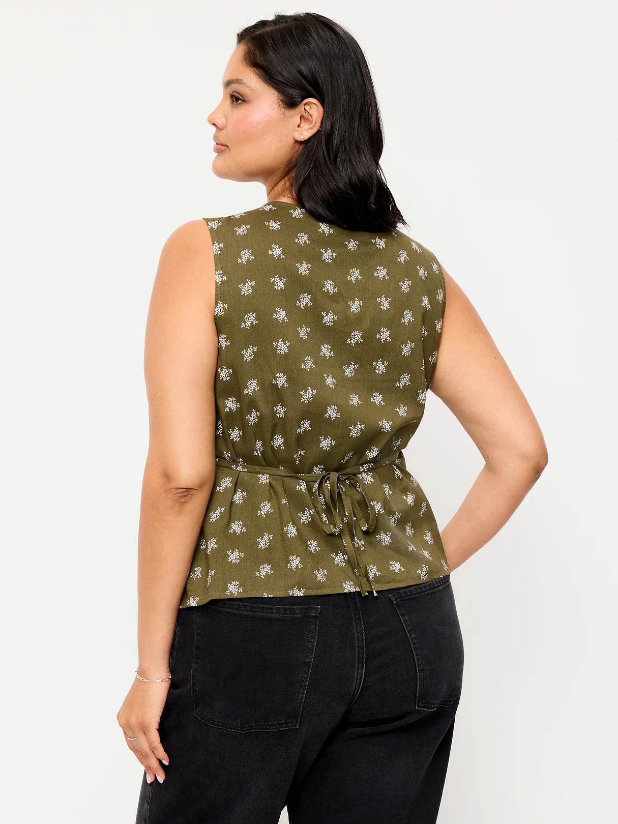 Sleeveless V-Neck Tie-Back Top - Green Floral