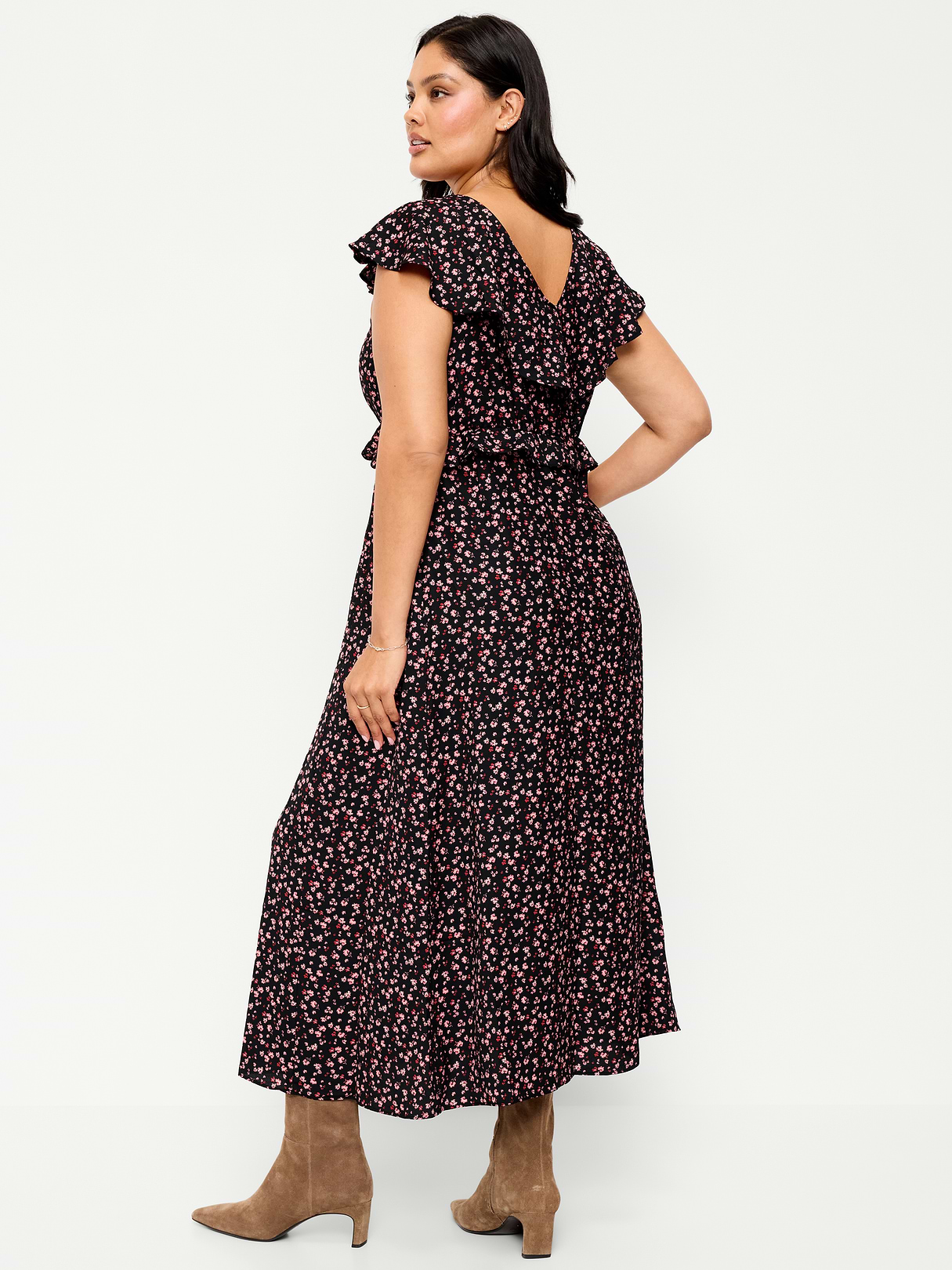 Flutter-Sleeve Crepe Maxi Dress - Black Ditsy Floral