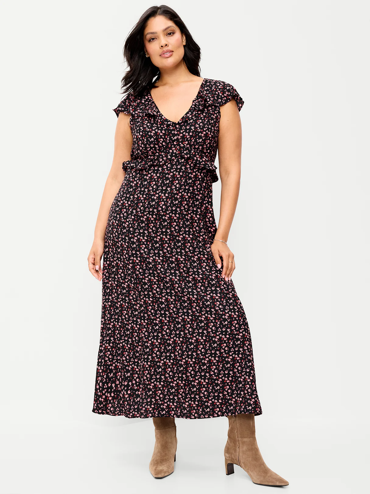 Flutter-Sleeve Crepe Maxi Dress - Black Ditsy Floral