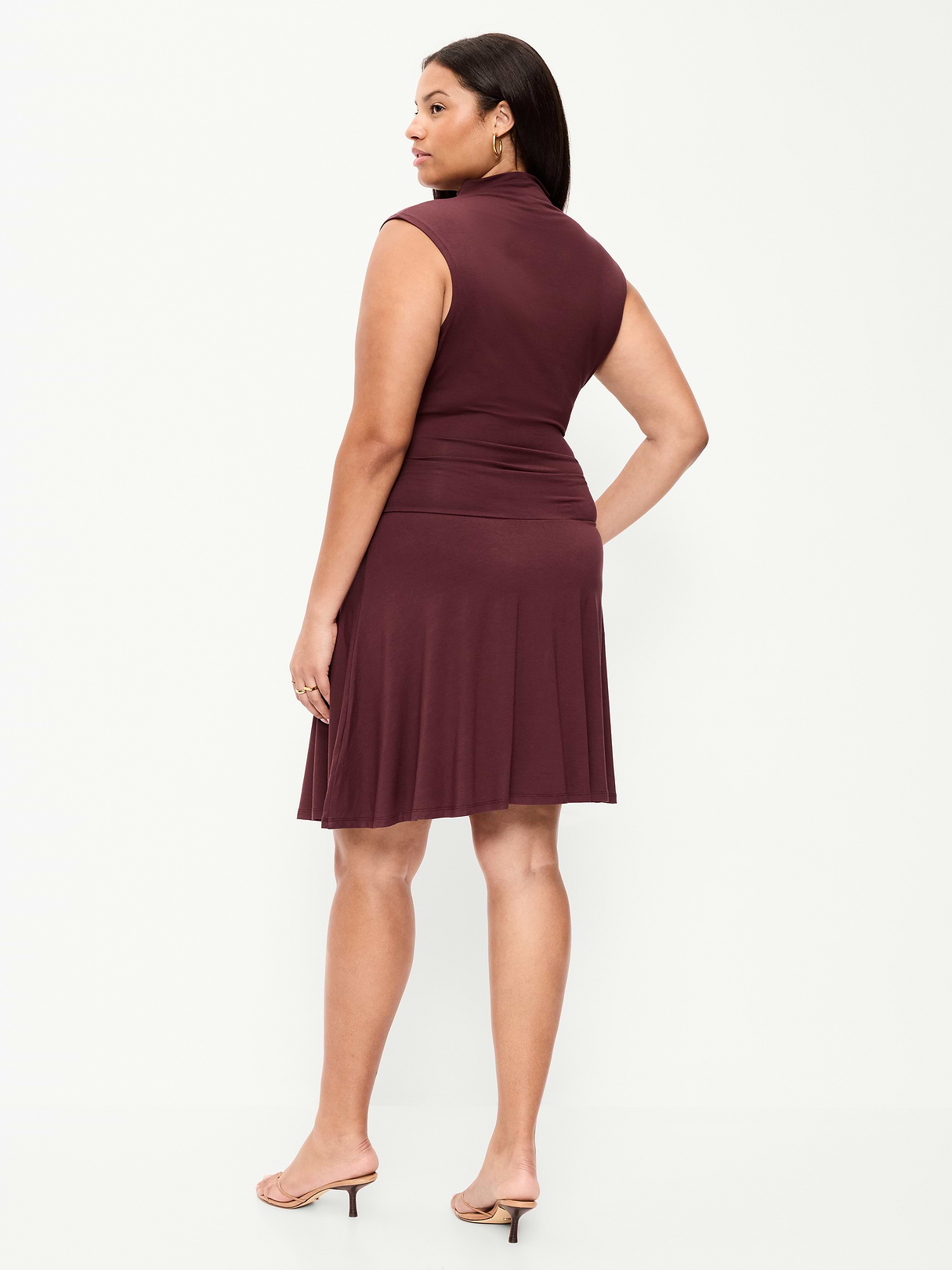 Gathered Mock-Neck Drop-Waist Mini Dress - Red Lacquer