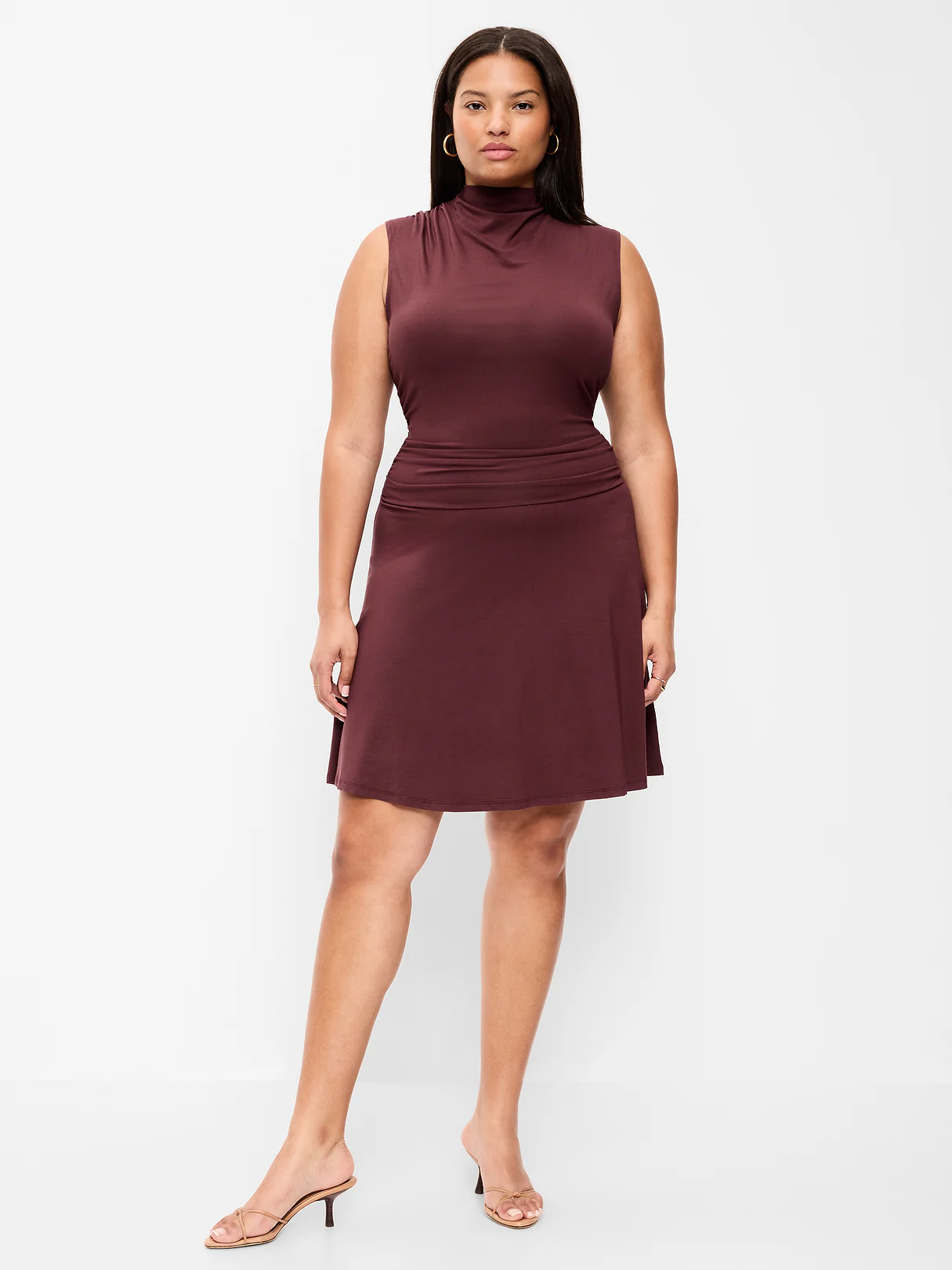 Gathered Mock-Neck Drop-Waist Mini Dress - Red Lacquer