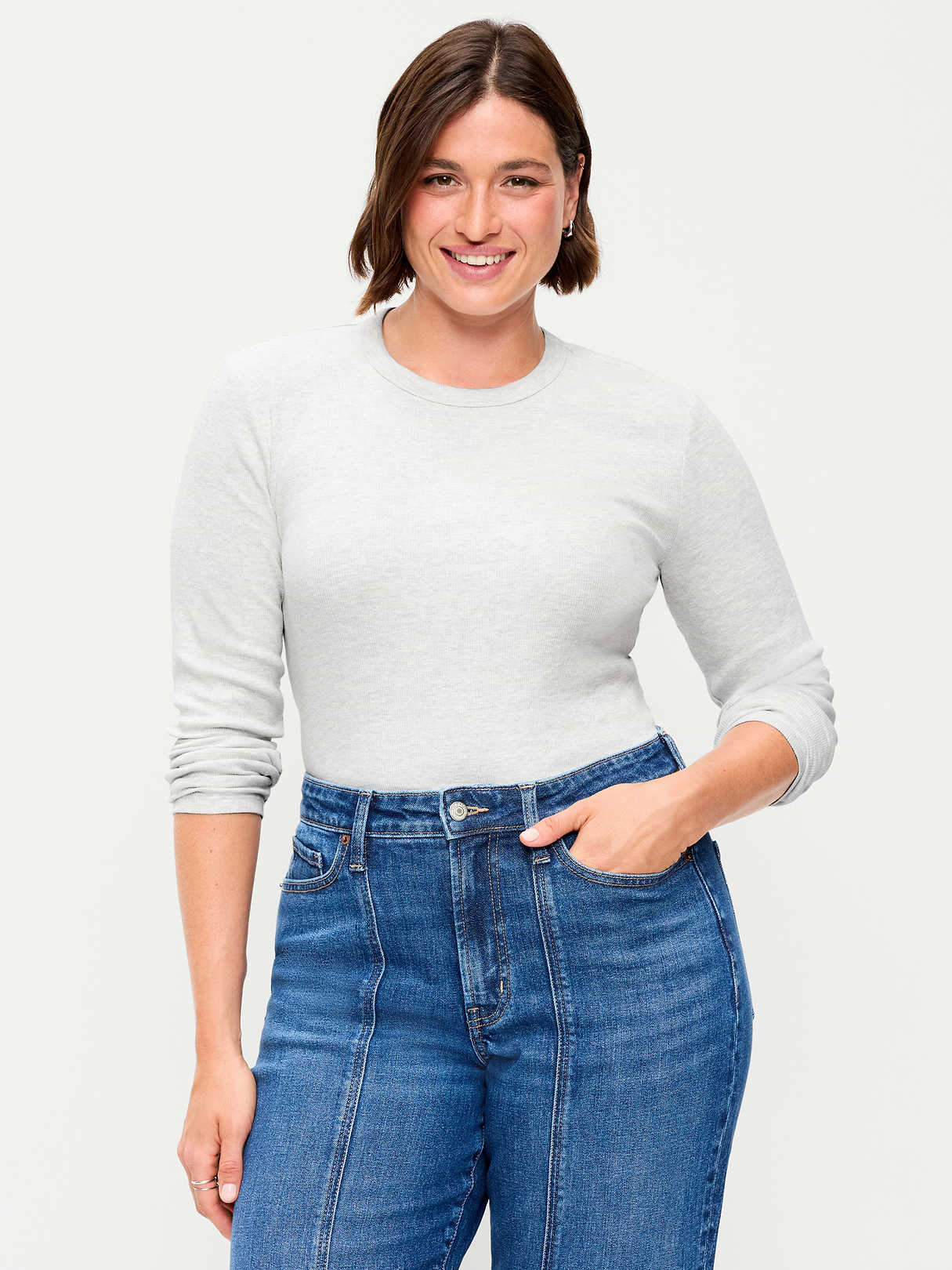 Snug Long-Sleeve Striped Ribbed T-Shirt - Light Heather Gray