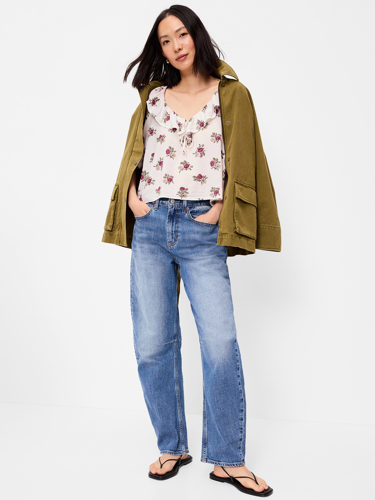 Ruffle Collar Tie-Front Top - White Floral