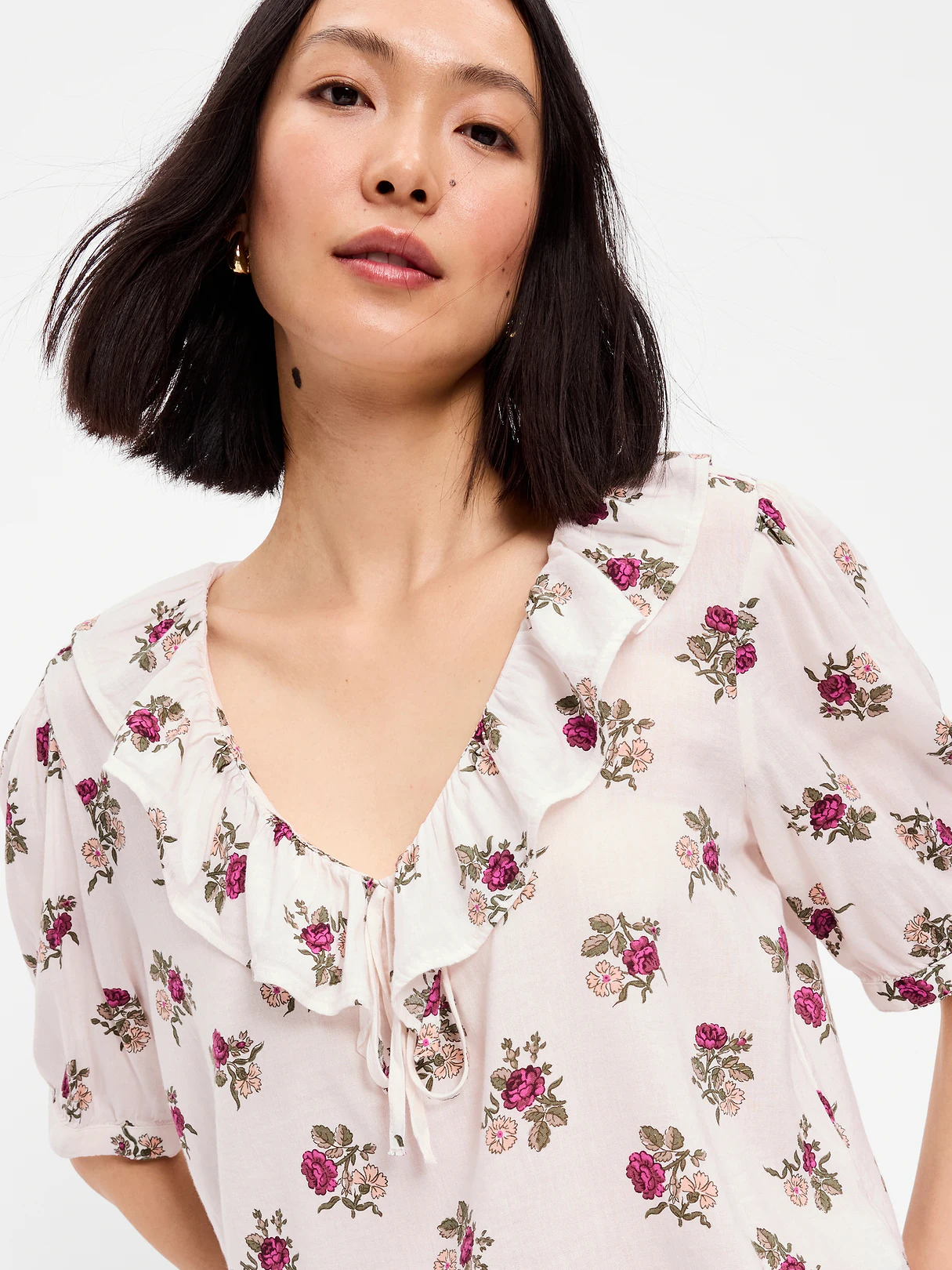 Ruffle Collar Tie-Front Top - White Floral