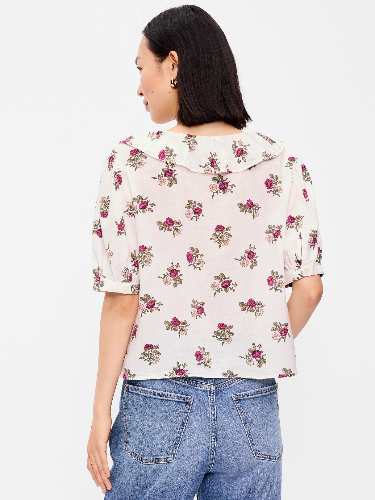 Ruffle Collar Tie-Front Top - White Floral