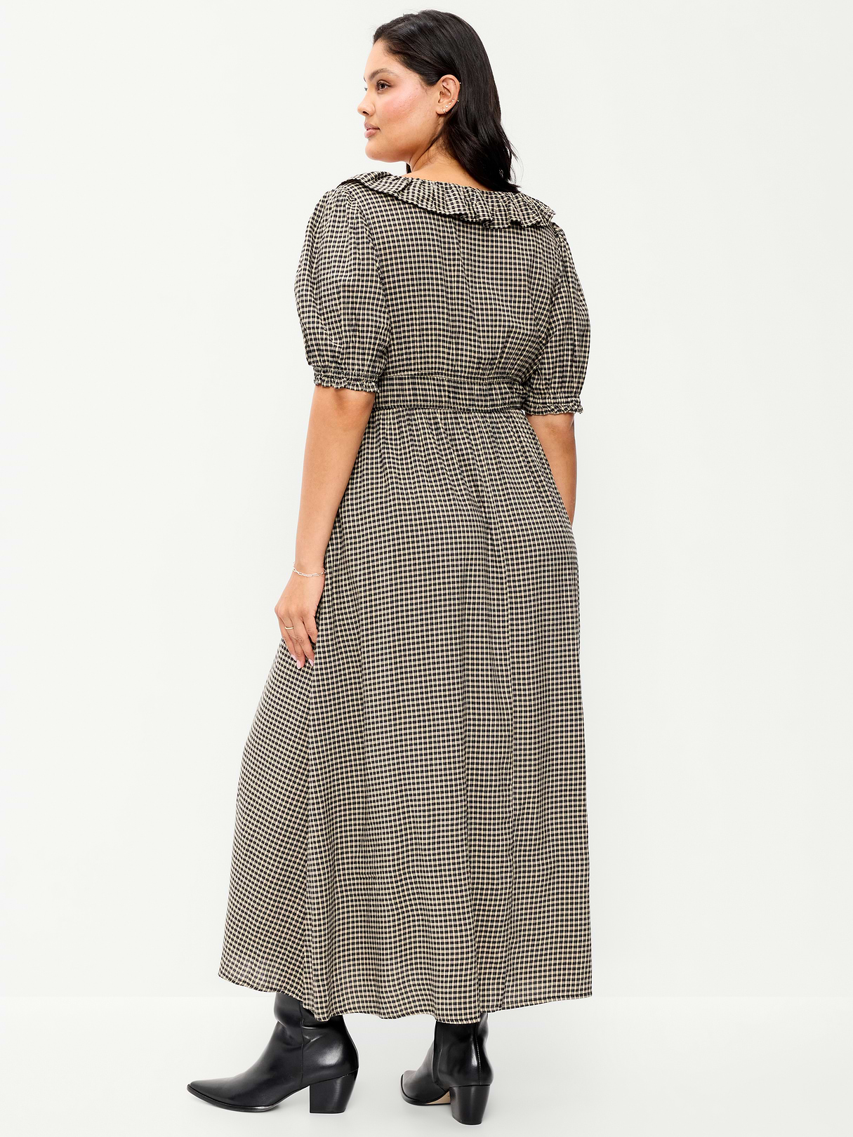 Ruffle-Collar Boho Maxi Dress - Small Black Plaid