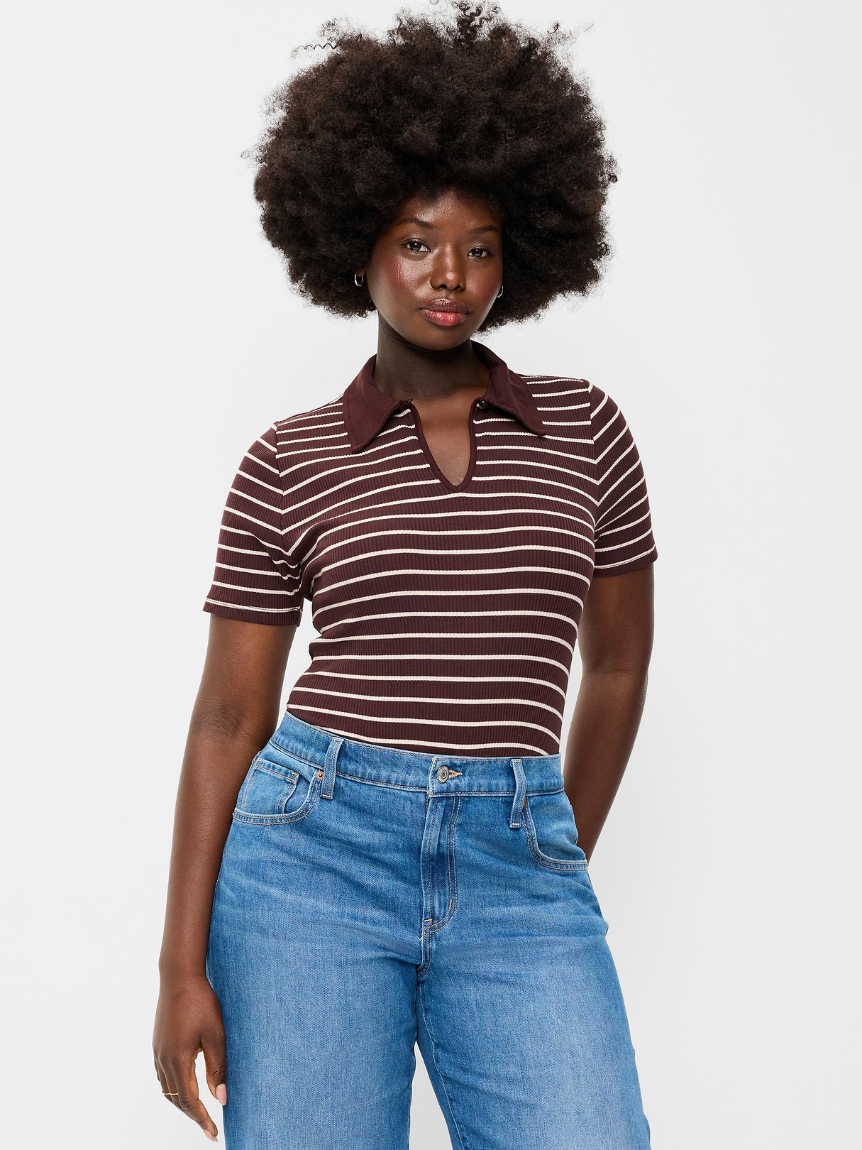 Keyhole Polo Top - Earth Brown Stripe