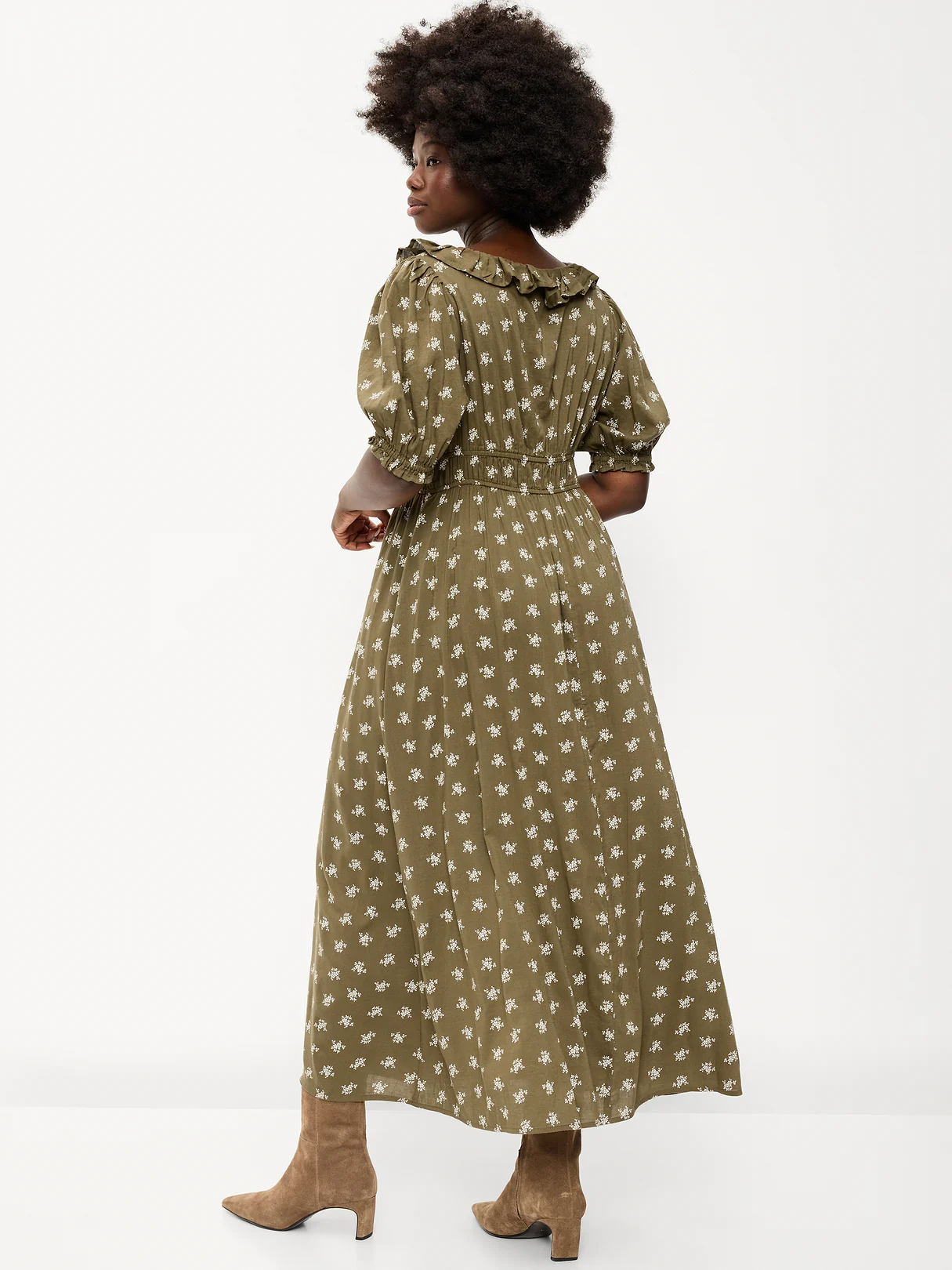 Ruffle-Collar Boho Maxi Dress - Green Floral